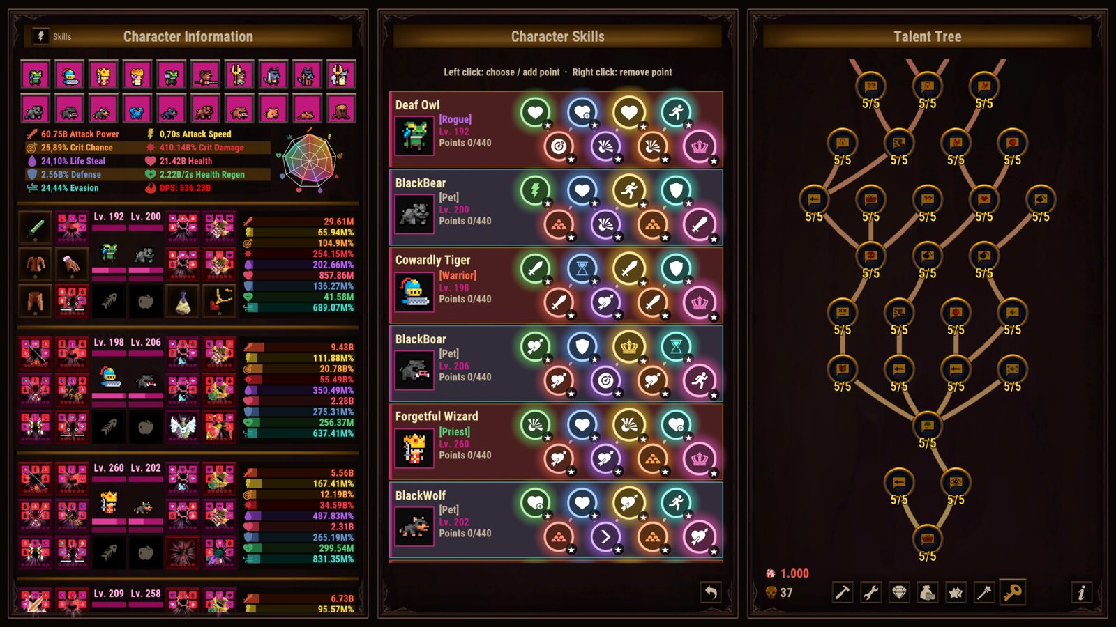 Official Task Bar Cube screenshot: the party screen with heroes, pets and the talent tree
