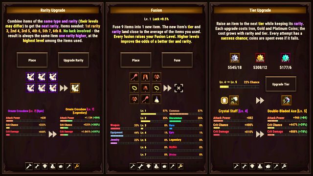 Rarities, tiers, fusion and gems screenshot