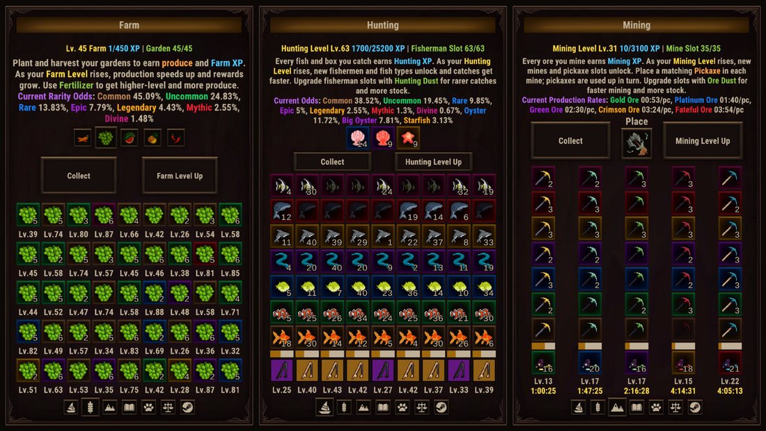 Official Task Bar Cube screenshot: the Farm, Hunting and Mining panels with their rarity odds