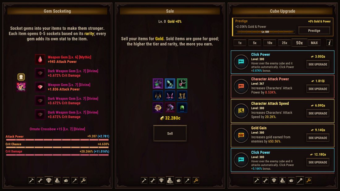 Official Task Bar Cube screenshot: the Cube Upgrade panel with node levels, 50x upgrade buttons and the Prestige control