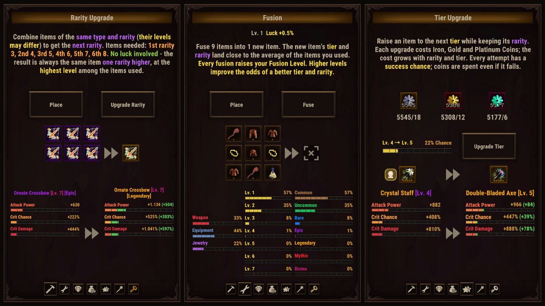 Official Task Bar Cube screenshot: the Rarity Upgrade, Fusion and Tier Upgrade panels with gear on the place slots